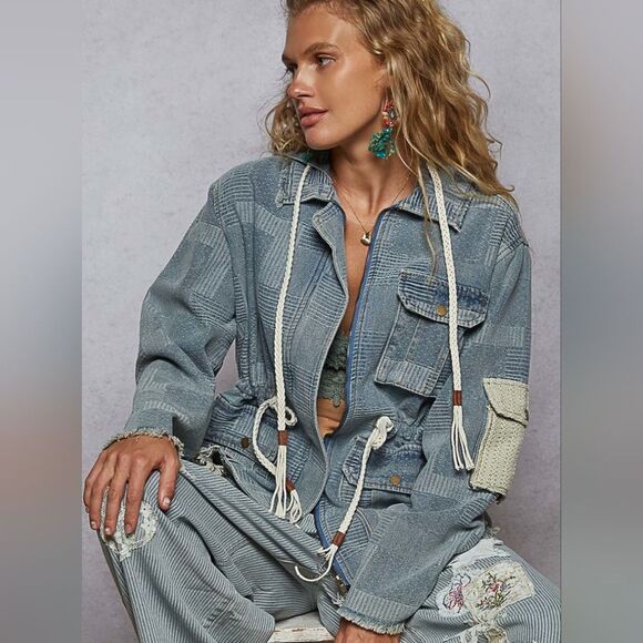 POL Raw Hem Drawstring Zip Up Hooded Denim Jacket Patchwork "Luck & $$$" - Picture 5 of 9